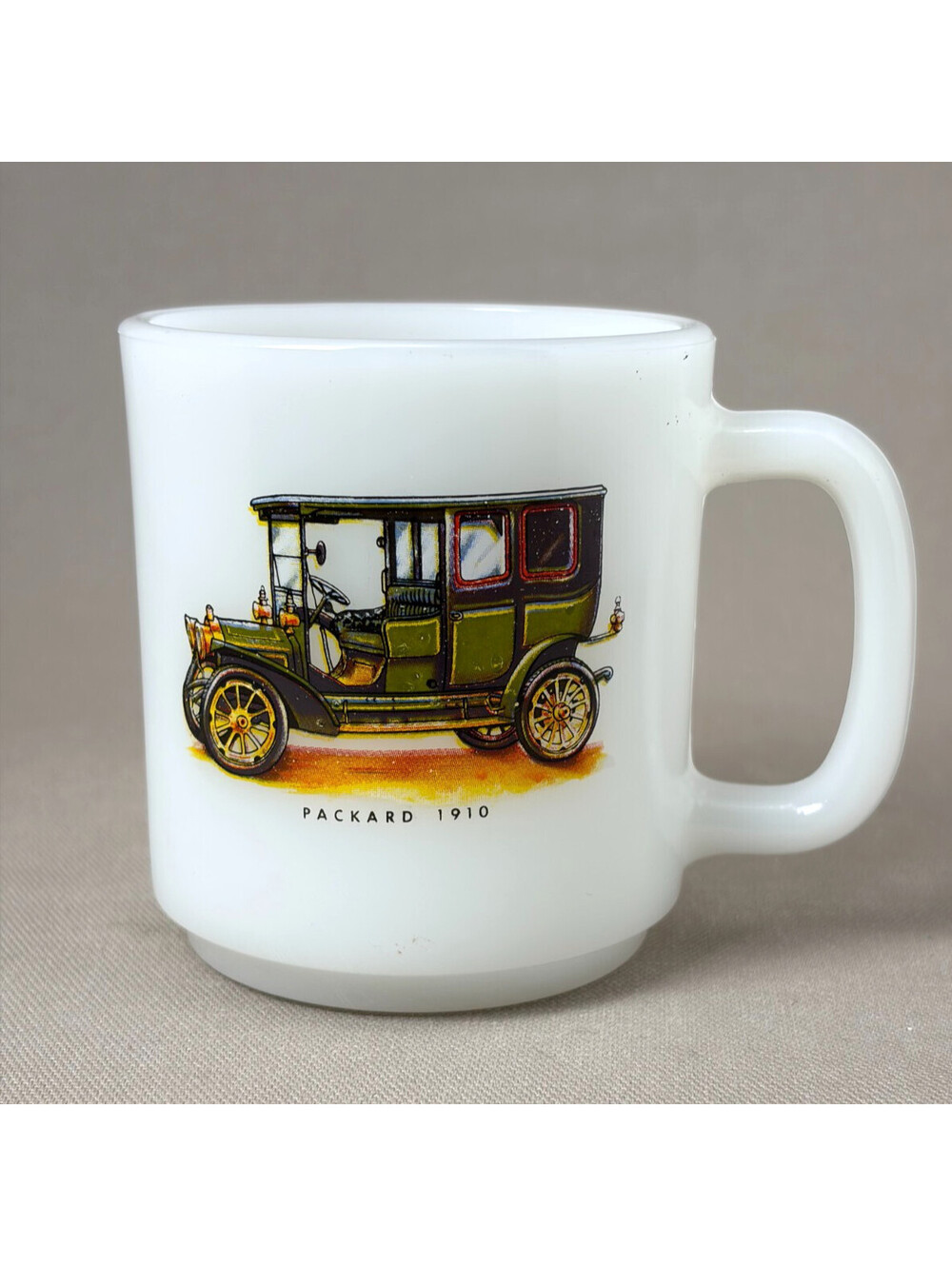 Vintage Milk Glass Stacking Coffee Mug Packard 1910 Antique Car Tea Cup